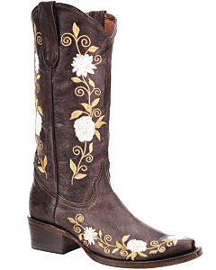Botas Vaqueras De Dama WD 11-471 Color Café Con Flores Bordadas