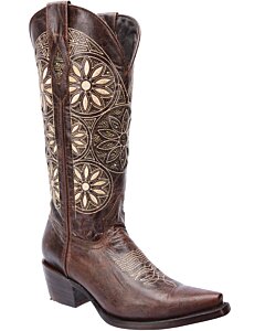 Botas Vaqueras De Mujer Horma Snip Toe Color Café Flores Oro WD 11-472