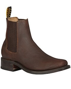 Men's brown leather short boots with elastic panels, single pull strap, and leather outsole, model El General 45005.