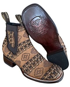 Men's rodeo short boots in topo crazy leather with Aztec laser design, woven details, and a leather outsole, handcrafted in Mexico by White Diamonds.