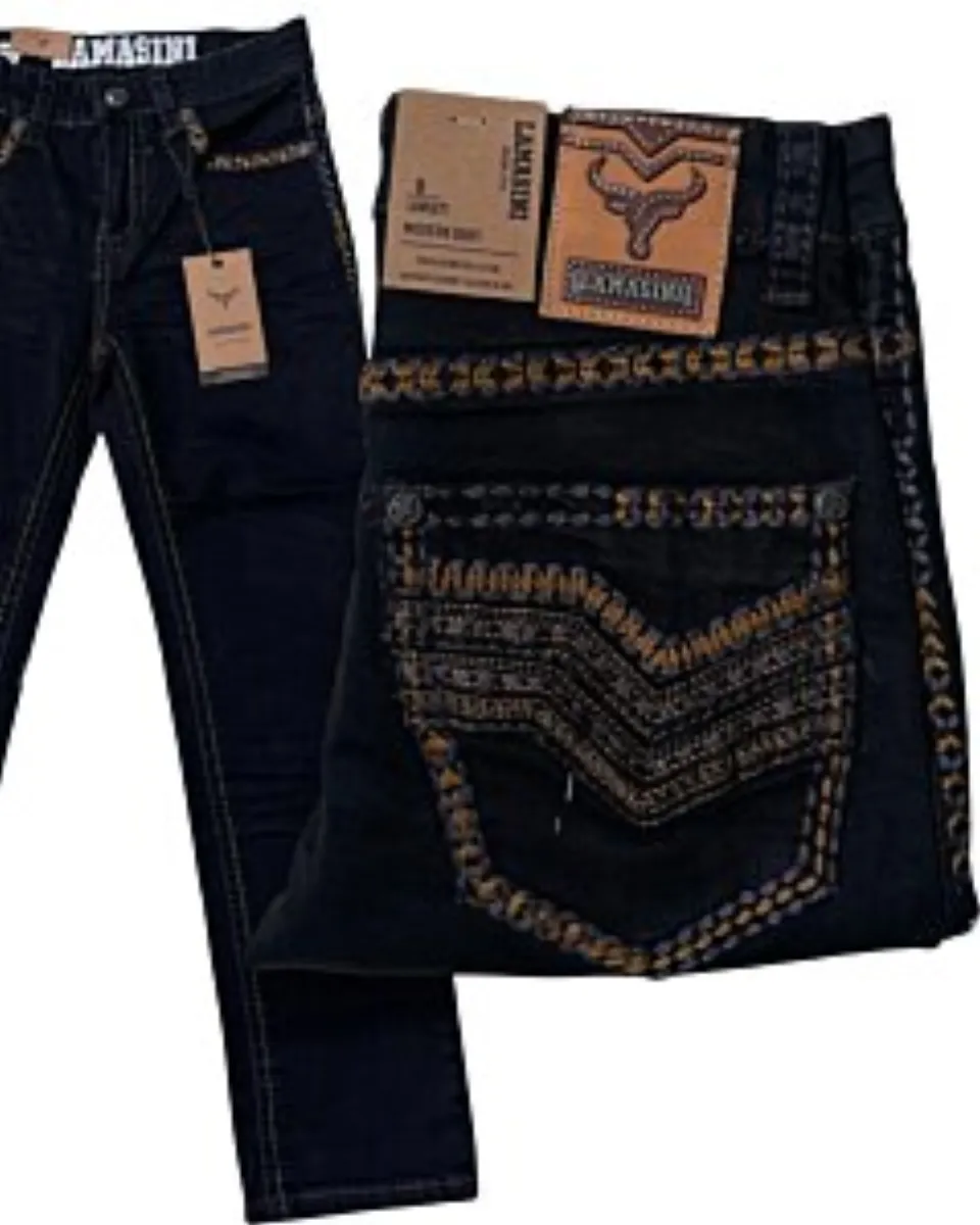 Jeans bootcut negro para niño con detalles bordados Western y costuras contrastantes – Lamasini 1871