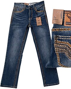 Dark blue boys' Western bootcut jeans with intricate embroidered details on back pockets – Lamasini 1871