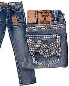Boys' light blue bootcut jeans with Western-style embroidery and contrast stitching – Lamasini 1871