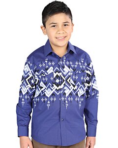 Boy wearing a blue Western shirt with bold geometric patterns and snap-button closure, matching men’s version available.