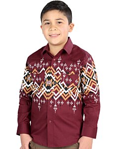 Boy wearing a burgundy Western shirt with bold geometric patterns and snap-button closure, matching men’s version available.