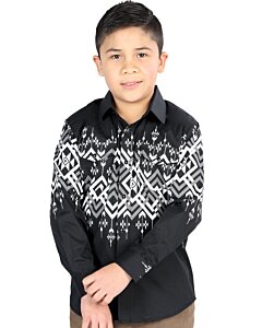 Boy wearing a black Western shirt with bold geometric patterns and snap-button closure, matching men’s version available.