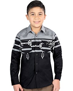 Boy wearing a gray and black tribal Western shirt with snap-button closure and a matching men’s version available.