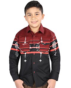 Boy wearing a burgundy and black tribal Western shirt with snap-button closure and matching men’s version available.