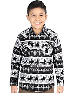 Boys' Black and White Cowboy Print Long Sleeve Western Shirt – El General 44495