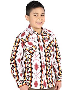 Boys' White Geometric Western Shirt with Red and Yellow Design – El General 44508