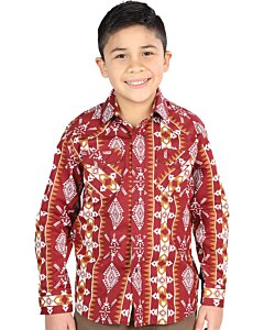 Boys' Burgundy Geometric Western Shirt with White and Mustard Accents – El General 44509