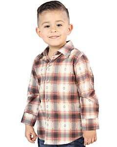 Boy’s Western Shirt in Orange-Beige Plaid, Long Sleeve Version – El General 44733