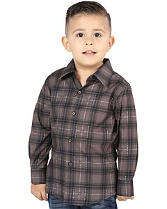 Boys’ Western Shirt in Moka-Olive Plaid, Long Sleeve Version – El General 44746