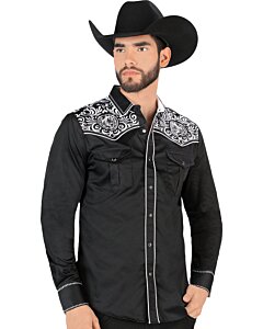 Camisa Vaquera Bordado Cabeza De Caballo Negro-Blanco VA3540