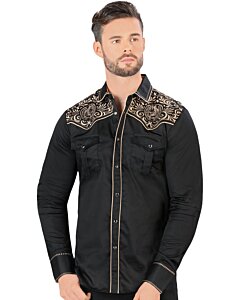 Camisa Vaquera Bordado Cabeza De Caballo Negro-Beige VA3540