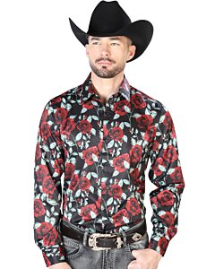 Camisa Casual ESDLC 43667 Negra Estampado Rosas Rojas