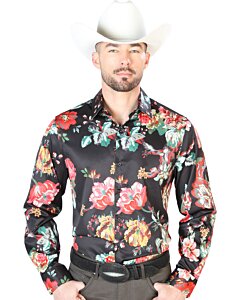 Camisa Casual Negra Estampada ESDLC 43675 Flores Multicolor