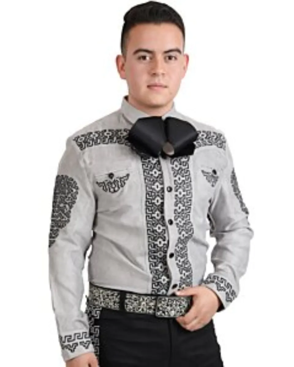 Camisa Charra Fina De Gamuza Color Gris Bordado Negro WD 11-804