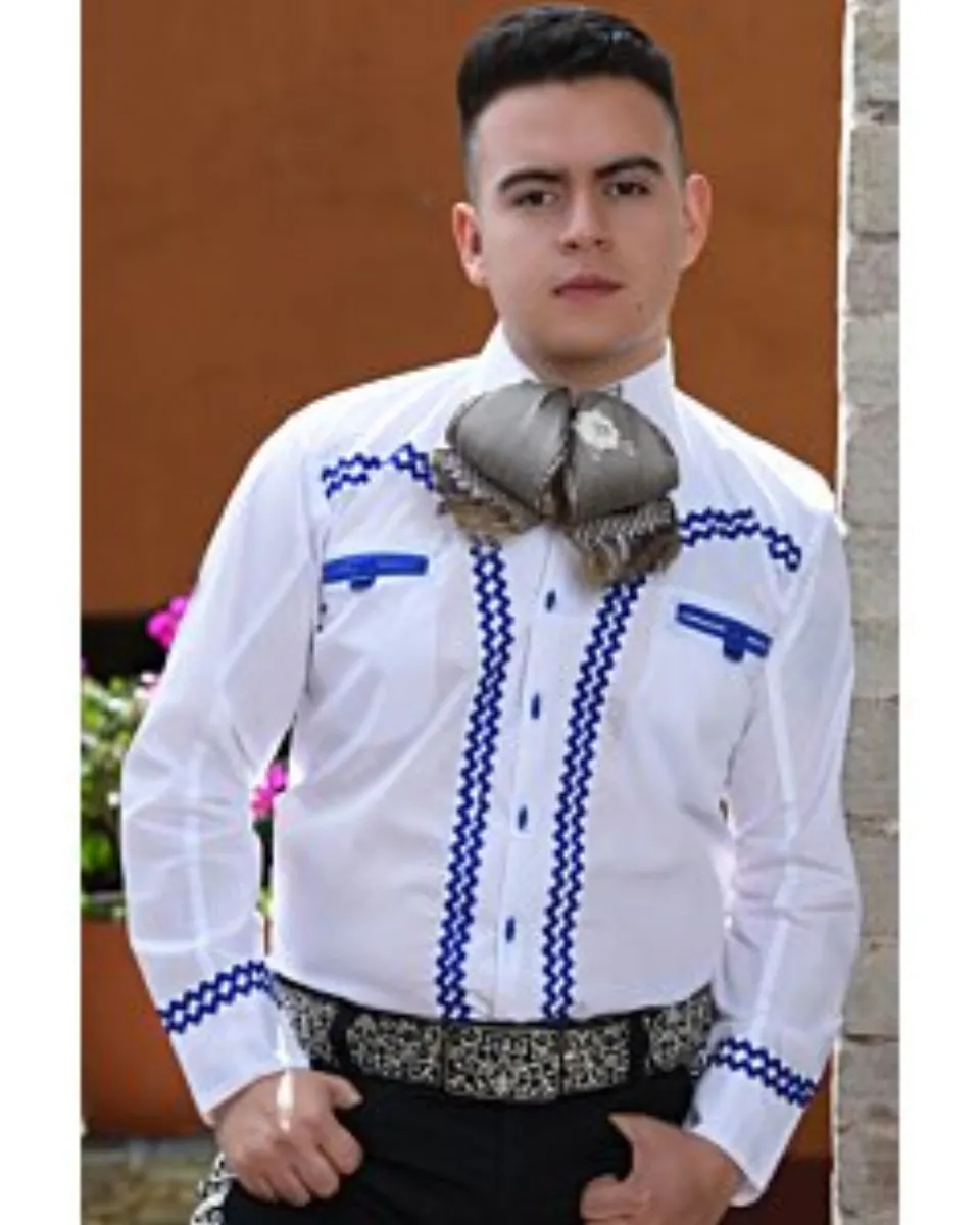 Camisa Charra Blanca Con Vivos Azules Económica WD 11-817