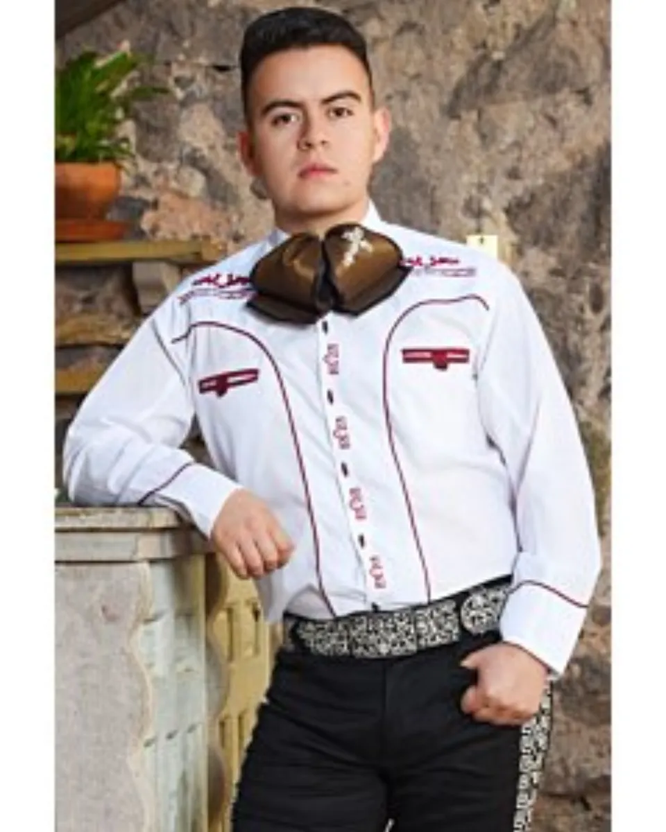 Camisa Charra Tradicional Blanco Con Vivos Color Vino WD 11-832