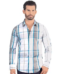 Vista frontal de la Camisa de Manga Larga con Cuadros Azul y Gris para Hombre - Corte Moderno - Lamasini 3016.