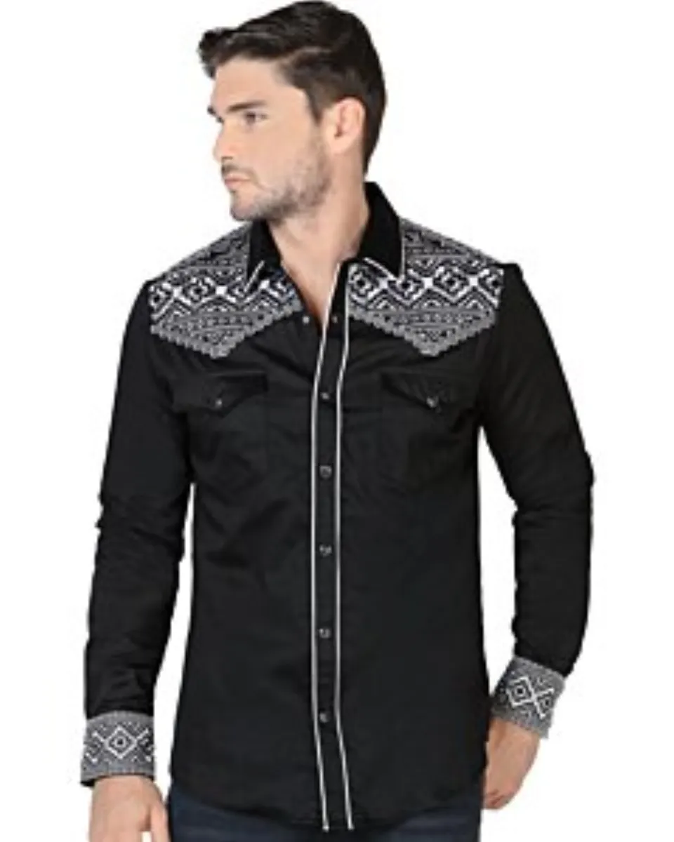 Camisa Vaquera Bordada Lamasini 2201 Negro-Beige