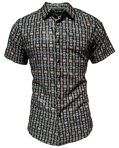 Camisa Montero 0456 Color Negro con Patrones Intrincados en Turquesa y Beige, Opción de Manga Corta