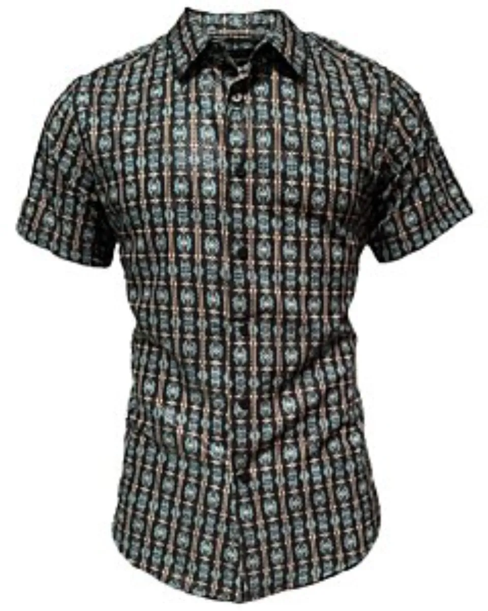 Camisa Montero 0456 Color Negro con Patrones Intrincados en Turquesa y Beige, Opción de Manga Corta