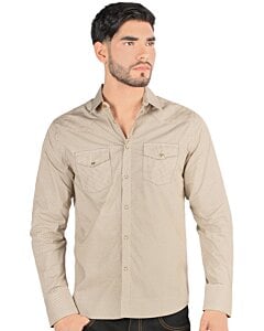Montero 3301 camisa beige de manga larga para hombre con patrón de lunares negros, botones a presión y bolsillos en el pecho