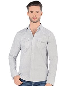 Montero 3301 camisa blanca de manga larga para hombre con patrón de lunares negros y bolsillos en el pecho