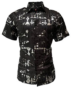 Montero 0807 camisa negra de manga corta para hombre con patrones geométricos en plata