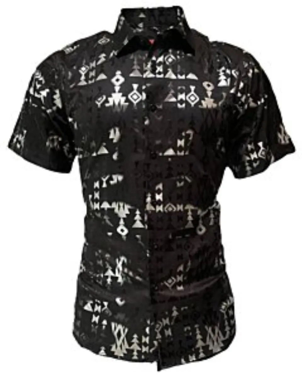 Montero 0807 camisa negra de manga corta para hombre con patrones geométricos en plata