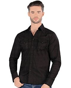 Montero 3301 camisa negra de manga larga para hombre con patrón de lunares blancos y bolsillos en el pecho