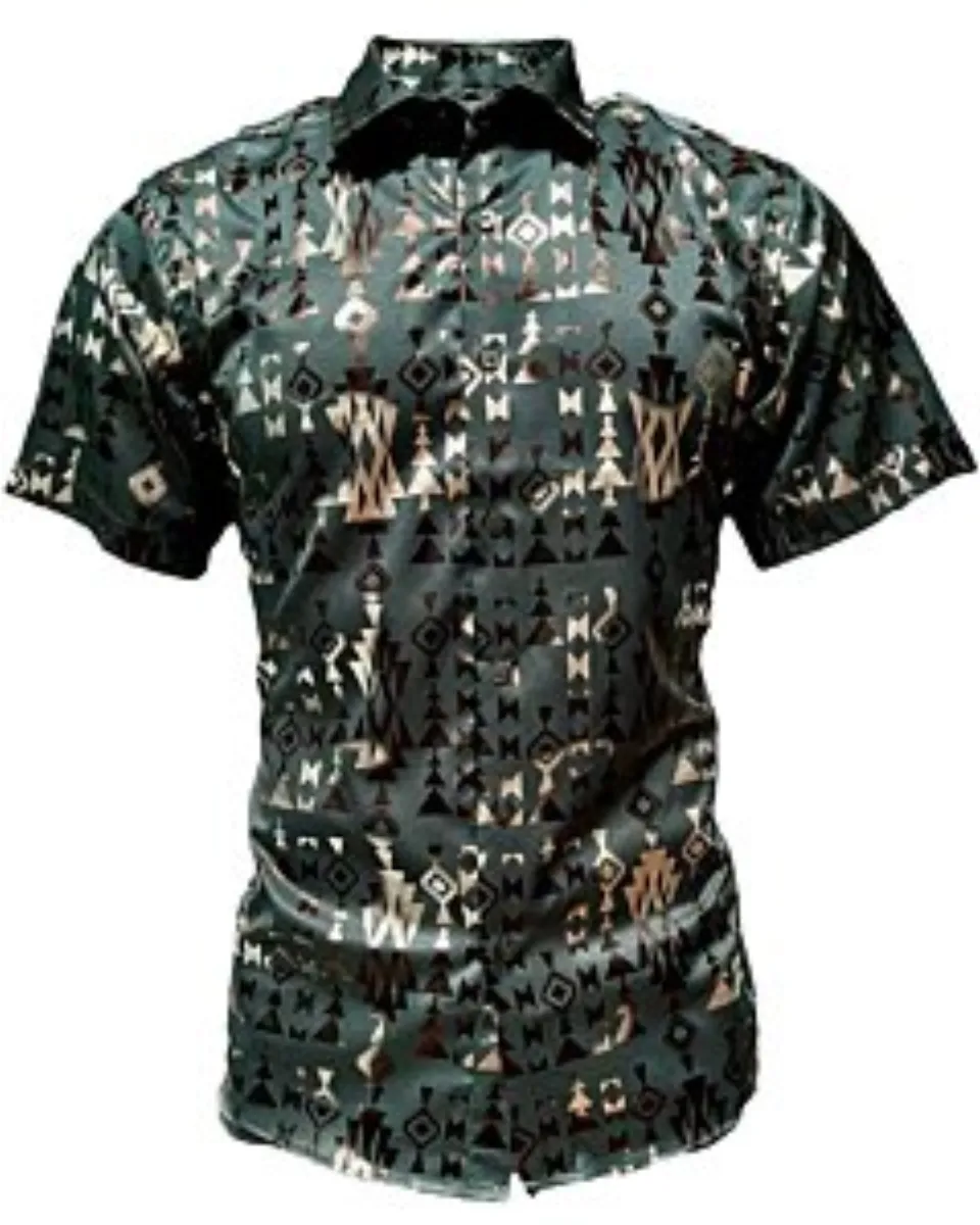 Montero 0807 camisa verde de manga corta para hombre con patrones geométricos en negro y dorado