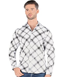 Montero 0811 camisa blanca de manga larga para hombre con patrón de cuadros negros