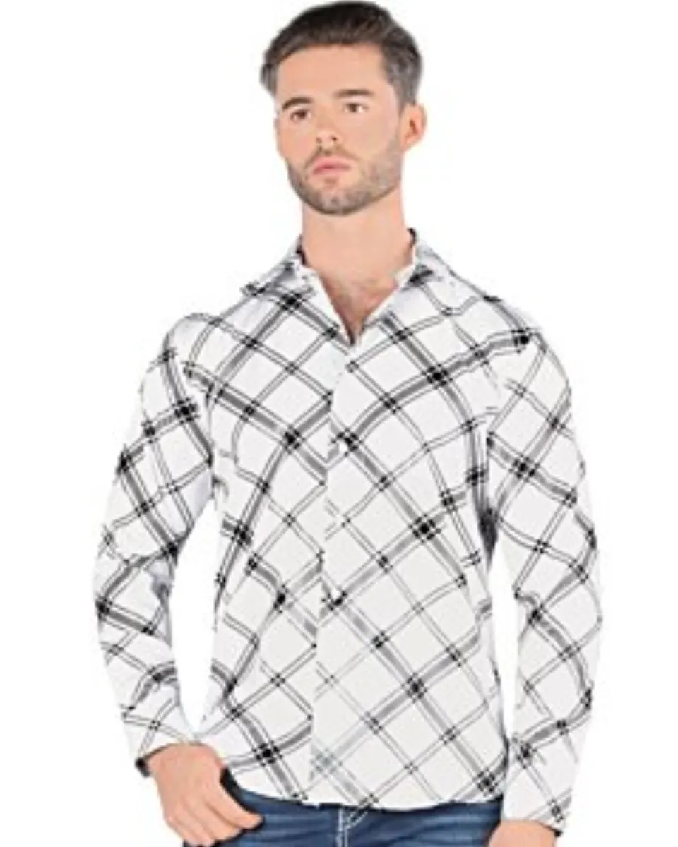 Montero 0811 camisa blanca de manga larga para hombre con patrón de cuadros negros