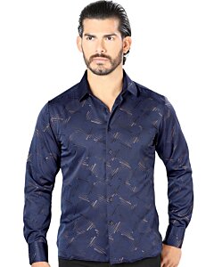 Hombre joven luciendo camisa de moda manga larga navy.
