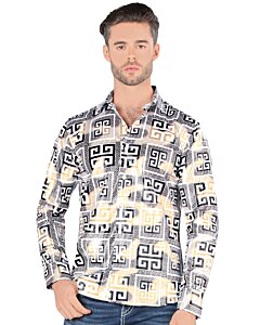 Montero 0799 camisa blanca de manga larga para hombre con patrón geométrico en negro, blanco y dorado