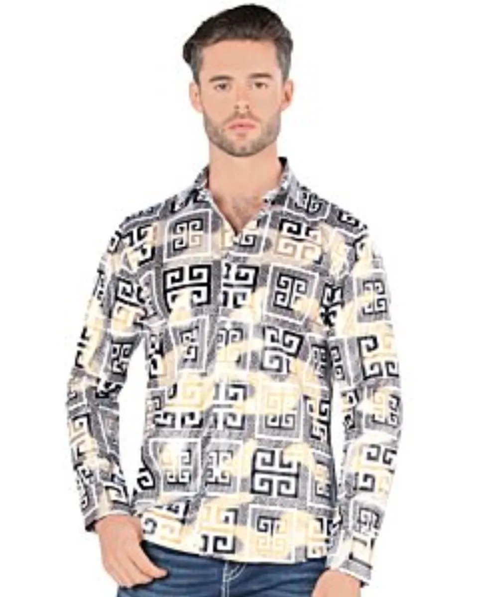 Montero 0799 camisa blanca de manga larga para hombre con patrón geométrico en negro, blanco y dorado