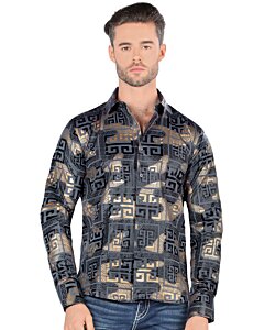 Montero 0799 camisa gris de manga larga para hombre con patrón geométrico en negro, gris y dorado