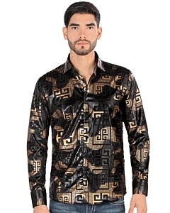 Montero 0799 camisa negra de manga larga para hombre con patrón geométrico en negro y dorado