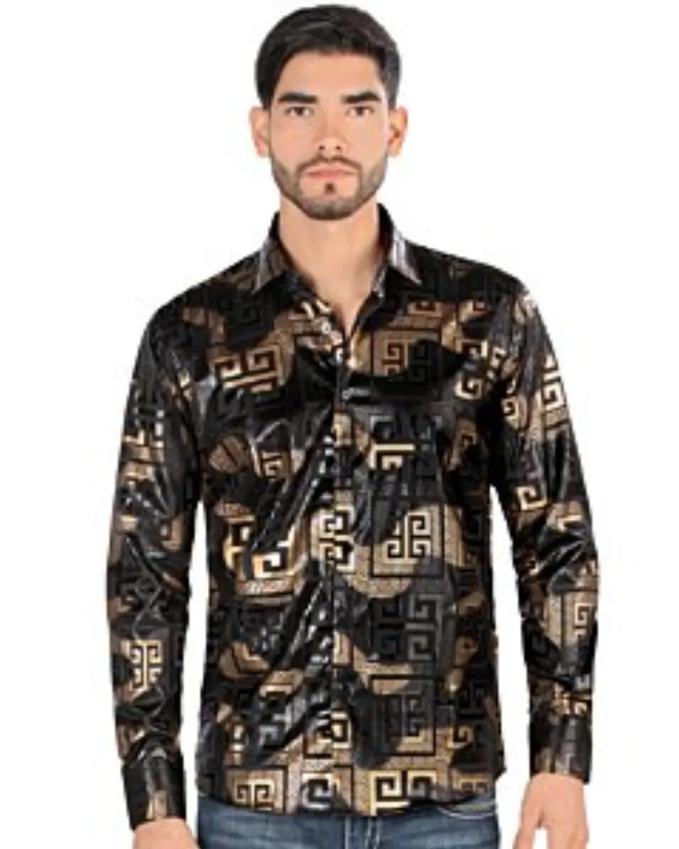 Montero 0799 camisa negra de manga larga para hombre con patrón geométrico en negro y dorado
