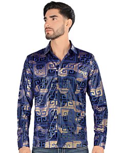 Montero 0799 men's royal blue long sleeve shirt with gold and blue geometric pattern