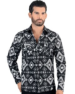 Camisa de Hombre Manga Larga Patrón Geométrico Color Negro 0104