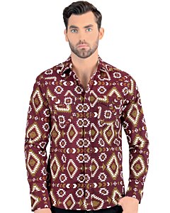 Camisa de Hombre Manga Larga Patrón Geométrico Color Vino 0104