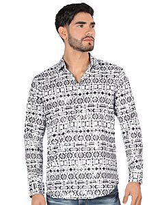 Camisa Montero 0451 M/L Blanca con Patrones Geométricos Negros