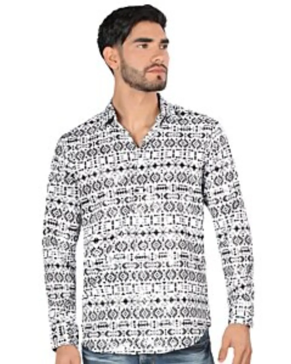 Camisa Montero 0451 M/L Blanca con Patrones Geométricos Negros
