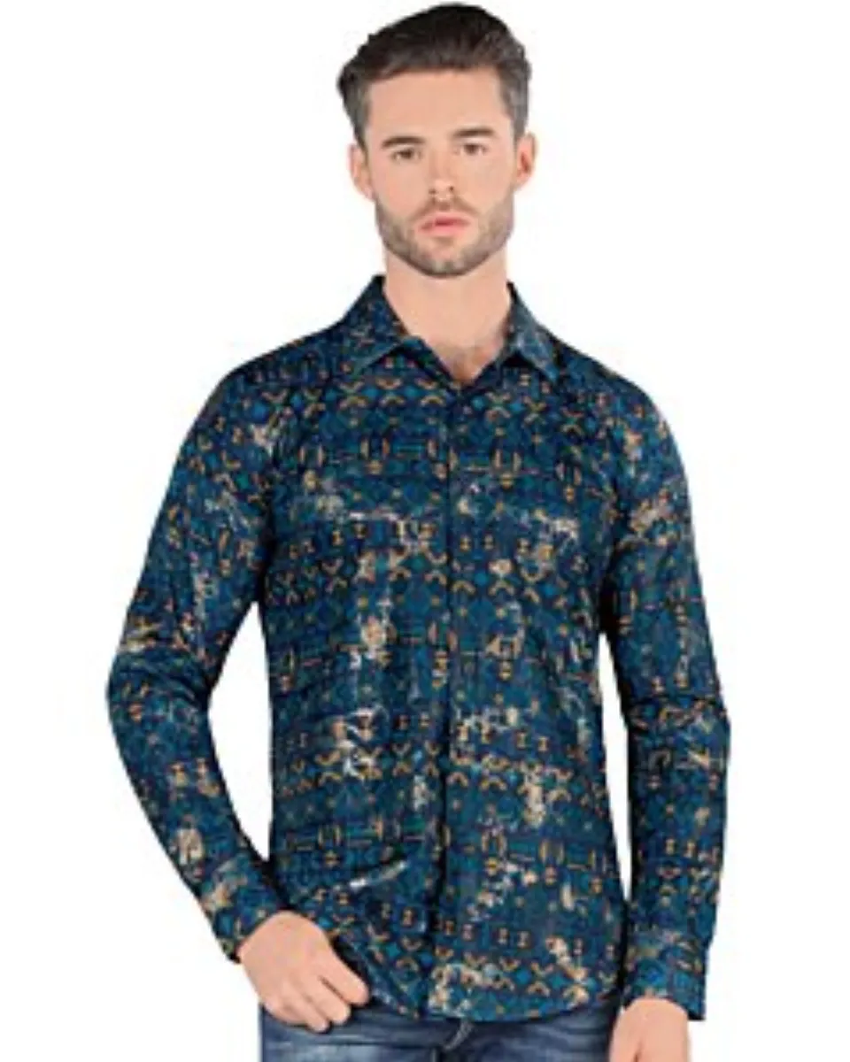 Camisa de Manga Larga con Patrón Azul Marino, Montero 0451