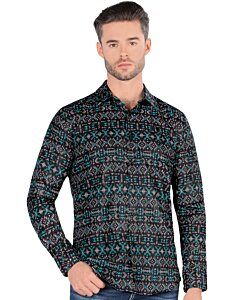 Camisa Montero 0451 Manga Larga Negra con Patrones Geométricos en Teal y Blanco