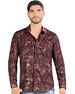Camisa Montero 0451 M/L Burdeos con Patrones Geométricos Dorados y Negros